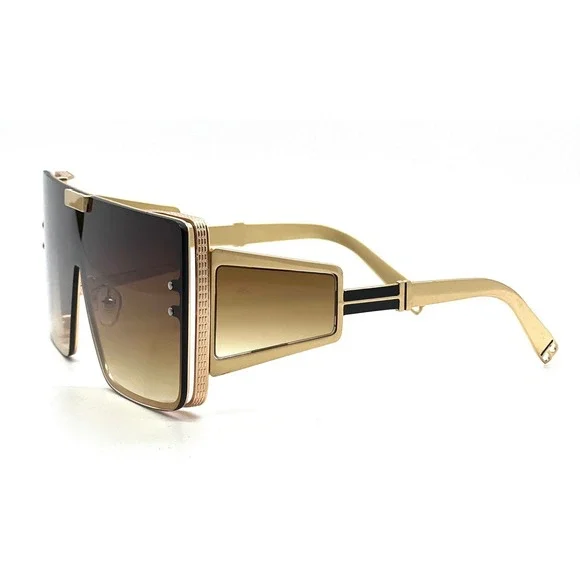 Shield Sunglasses Futuristic Visor Gold Frame Brown Lens Fashion Luxury Model - Picture 7 of 12